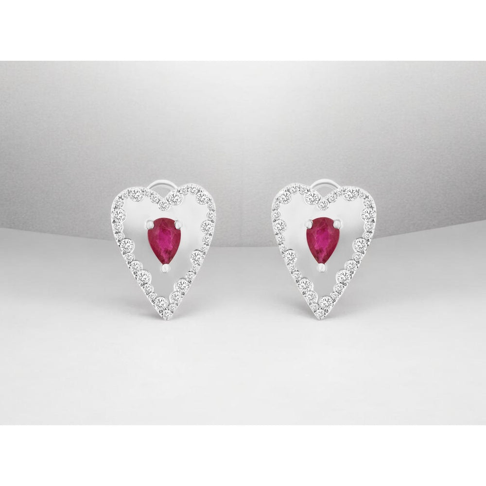 14K White Gold Pear-Shaped Ruby and Diamond Halo Heart Drop Earrings - 0.96 Carat Total Ruby Weight and 0.52 Carat Total Diamond Weight - Royal Jewelry
