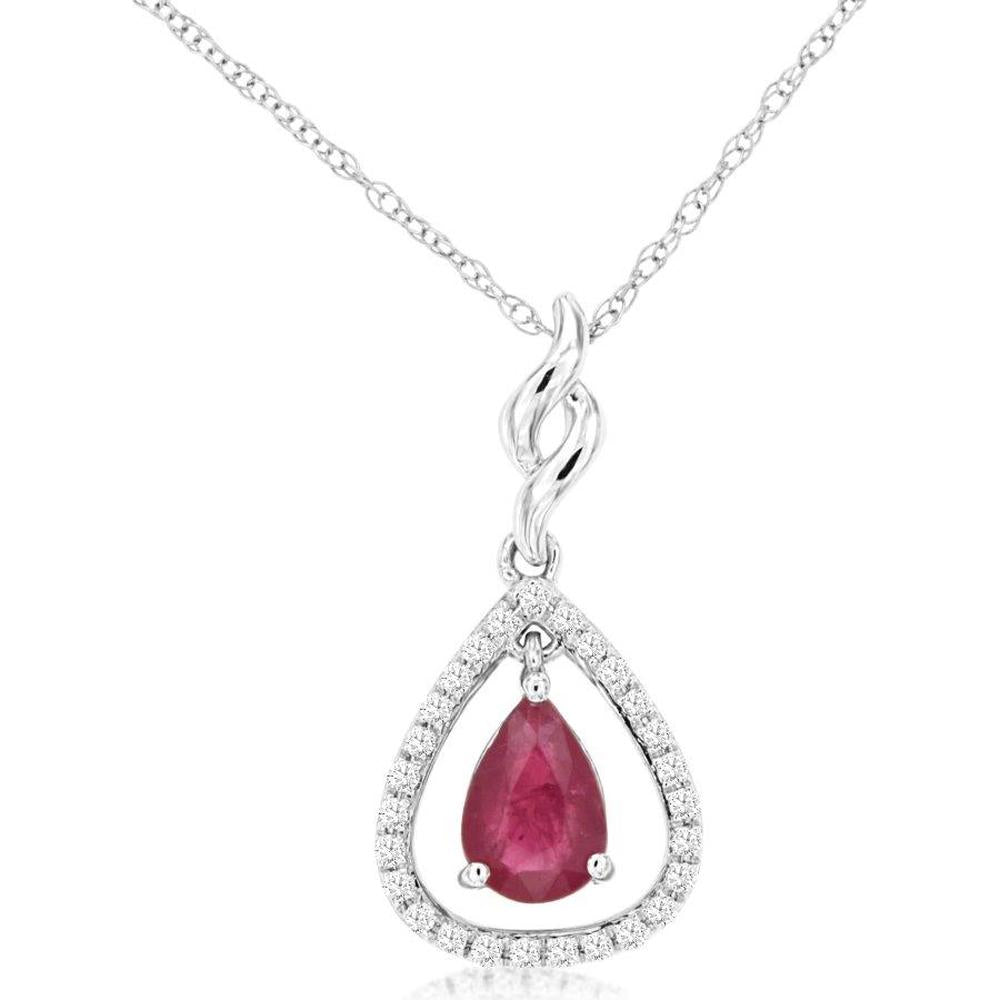 14K White Gold Pear-Shaped Ruby and Diamond Halo Pendant with Twisted Bail - 0.45 Carat Ruby, 0.08 Carat Diamond Total Weight - Royal Jewelry