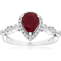 14K White Gold Pear-Shaped Ruby and Diamond Halo Ring - 1.12 Carat Ruby and 0.25 Carat Total Diamond Weight - Royal Jewelry