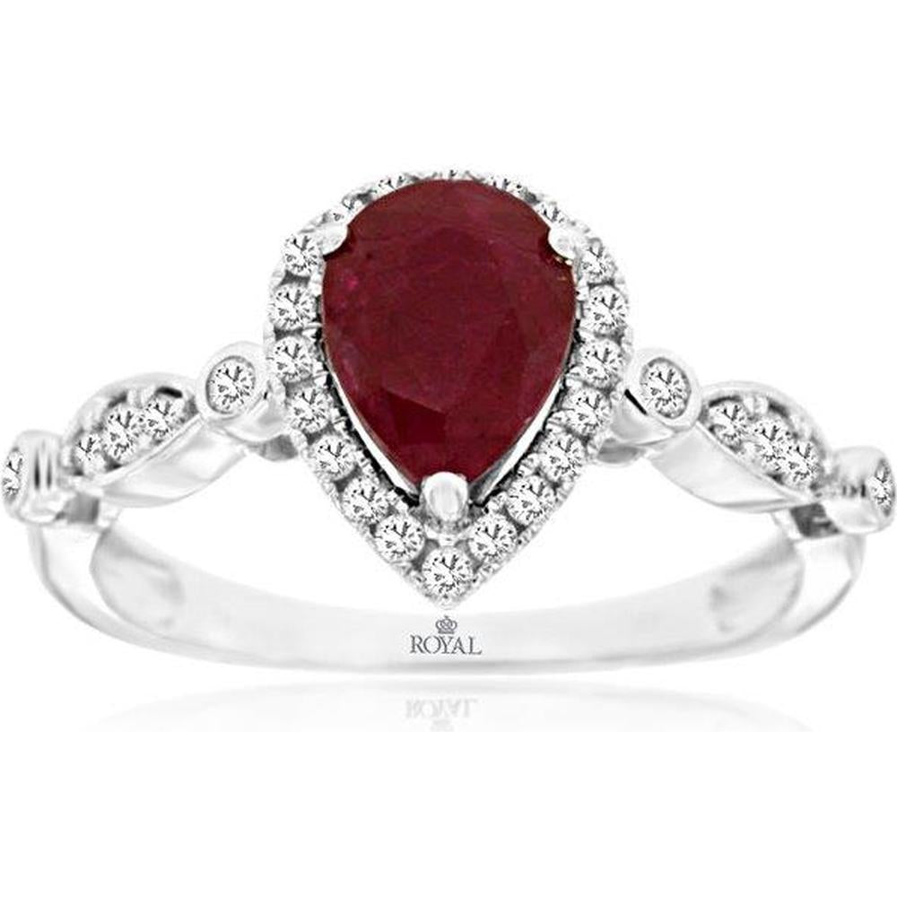 14K White Gold Pear-Shaped Ruby and Diamond Halo Ring - 1.12 Carat Ruby and 0.25 Carat Total Diamond Weight - Royal Jewelry