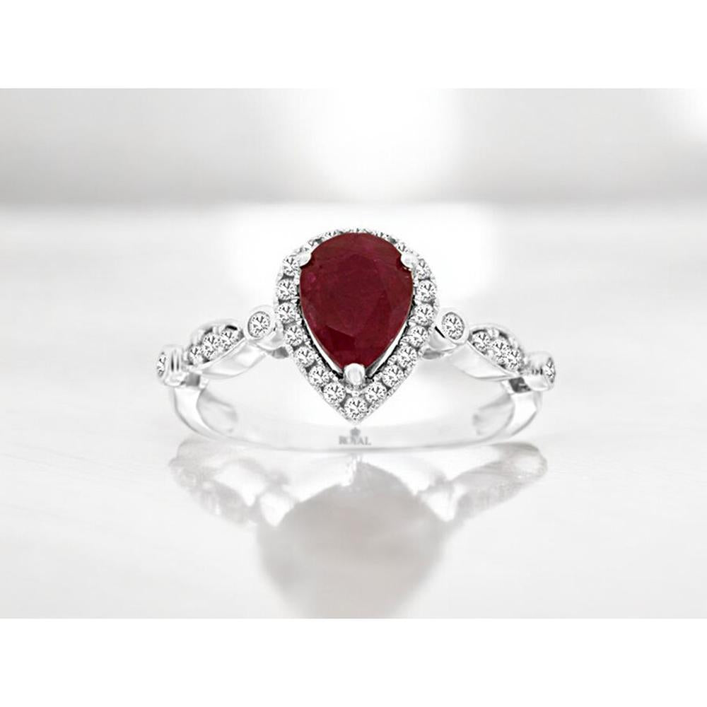14K White Gold Pear-Shaped Ruby and Diamond Halo Ring - 1.12 Carat Ruby and 0.25 Carat Total Diamond Weight - Royal Jewelry