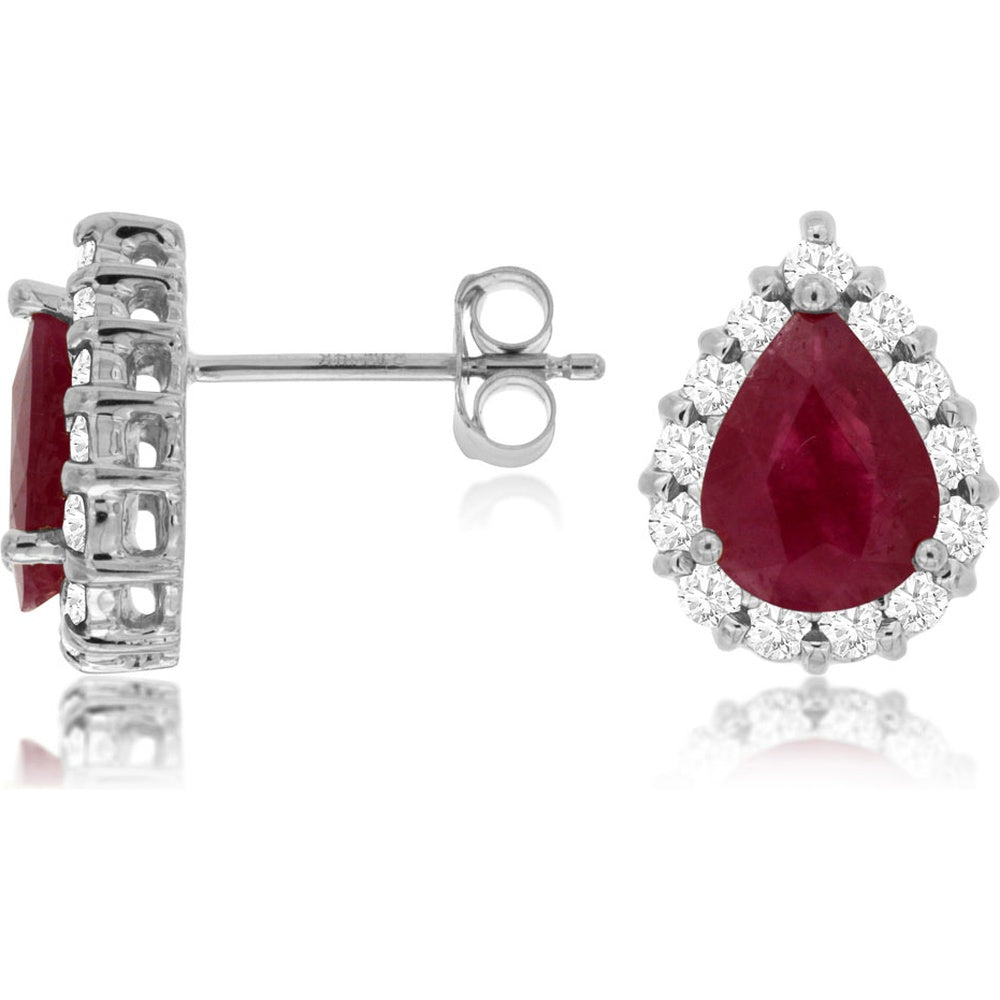 14K White Gold Pear-Shaped Ruby and Diamond Halo Stud Earrings - 2.25 Carat Total Ruby Weight and 0.60 Carat Total Diamond Weight - Royal Jewelry