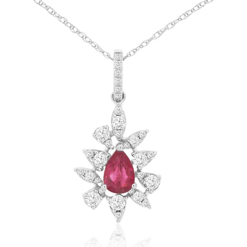14K White Gold Pear-Shaped Ruby and Diamond Starburst Halo Pendant Necklace - 0.45 Carat Ruby and 0.35 Carat Diamond Total Weight - Royal Jewelry