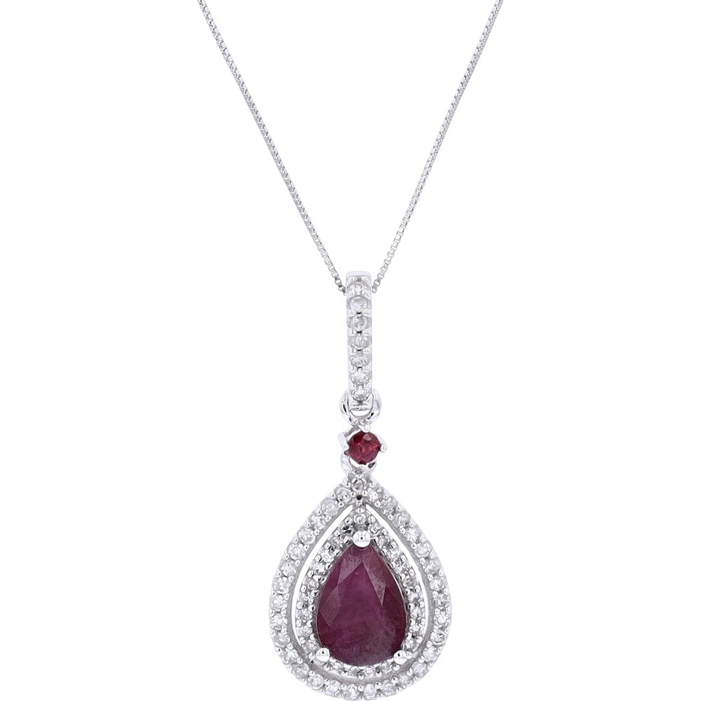 14K White Gold Pear-Shaped Ruby Double Halo Pendant with Diamond Accented Bail and 0.20 Carat Round Diamond Accent - 0.89 Carat Total Ruby Weight