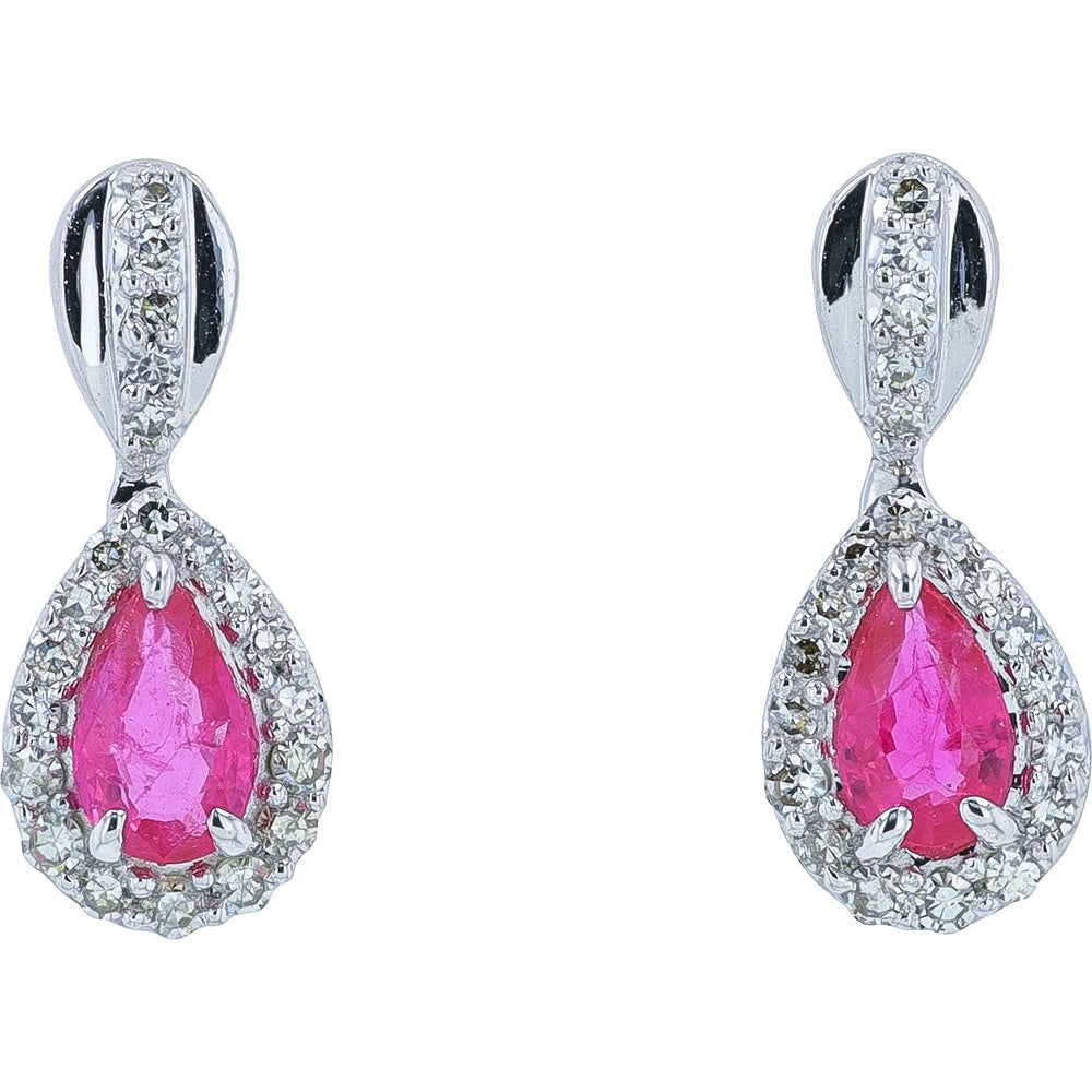 14K White Gold Pear-Shaped Ruby Drop Earrings with Pavé Diamond Halo - 0.50 Carat Total Ruby Weight and 0.15 Carat Total Diamond Weight