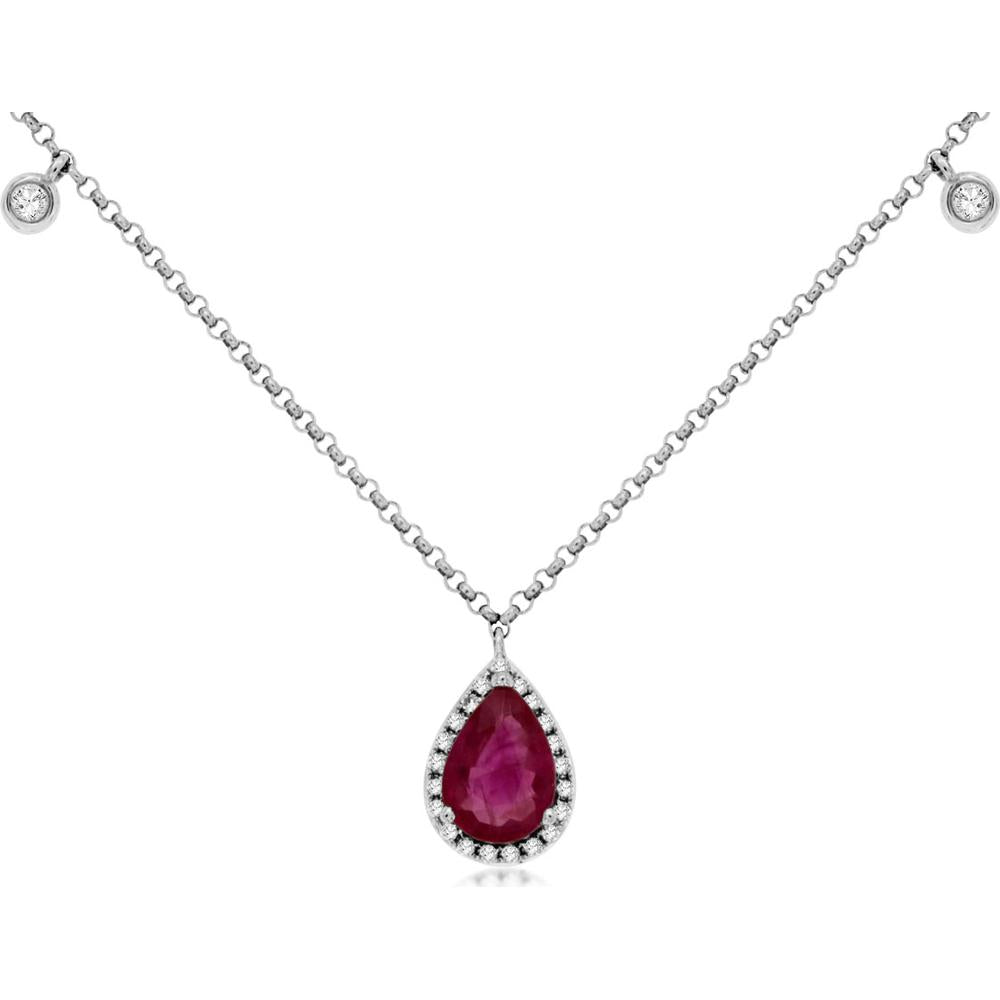 14K White Gold Pear-Shaped Ruby Pendant Necklace with Diamond Halo and Diamond Station Chain - 0.75 Carat Ruby, 0.12 Carat Total Diamond Weight - Royal Jewelry