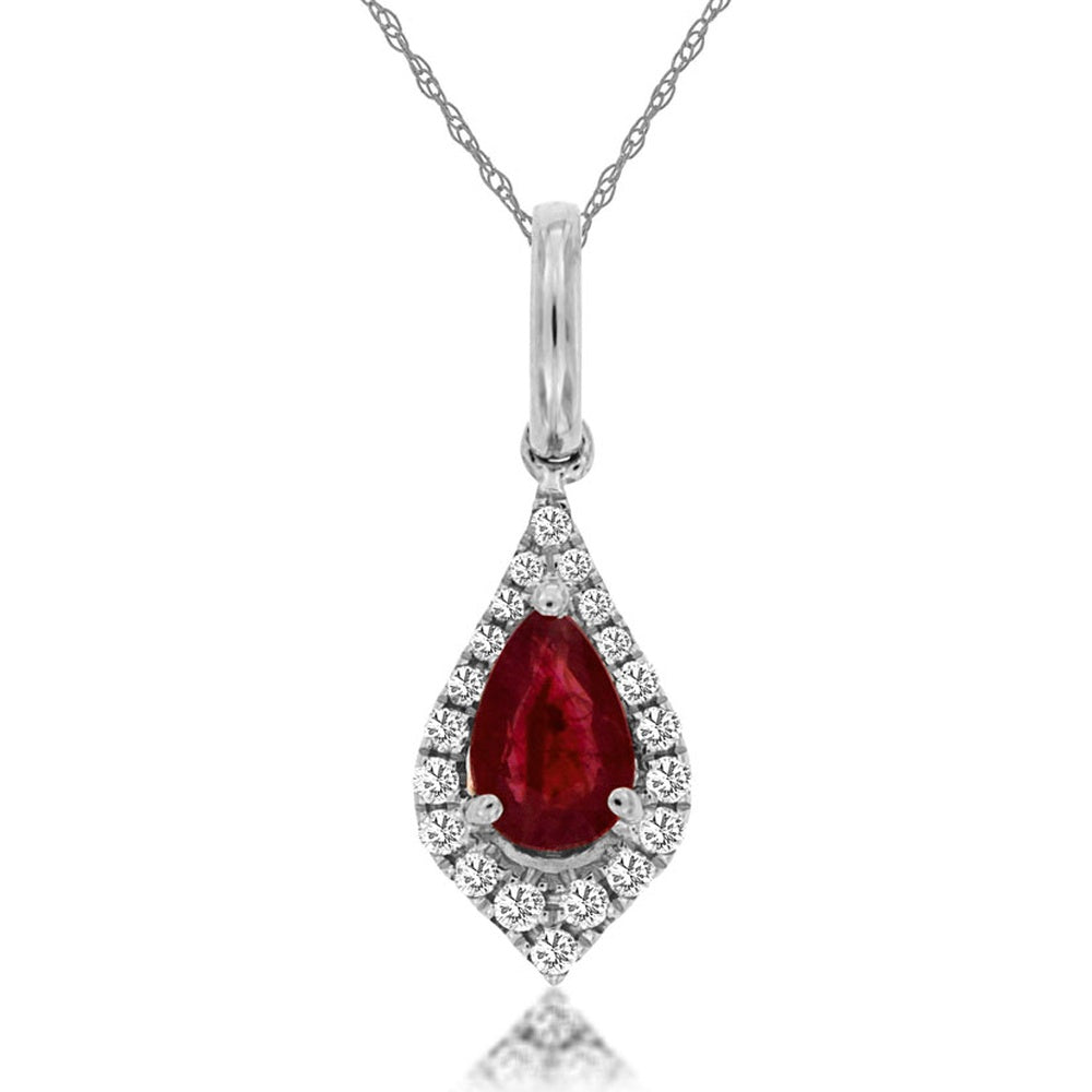 14K White Gold Pear-Shaped Ruby Pendant with Diamond Halo - 0.42 Carat Ruby and 0.10 Carat Total Diamond Weight - Royal Jewelry