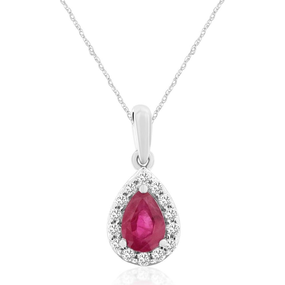 14K White Gold Pear-Shaped Ruby Pendant with Diamond Halo - 0.50 Carat Ruby and 0.12 Carat Total Diamond Weight - Royal Jewelry