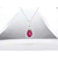 14K White Gold Pear-Shaped Ruby Pendant with Diamond Halo - 0.50 Carat Ruby and 0.12 Carat Total Diamond Weight - Royal Jewelry