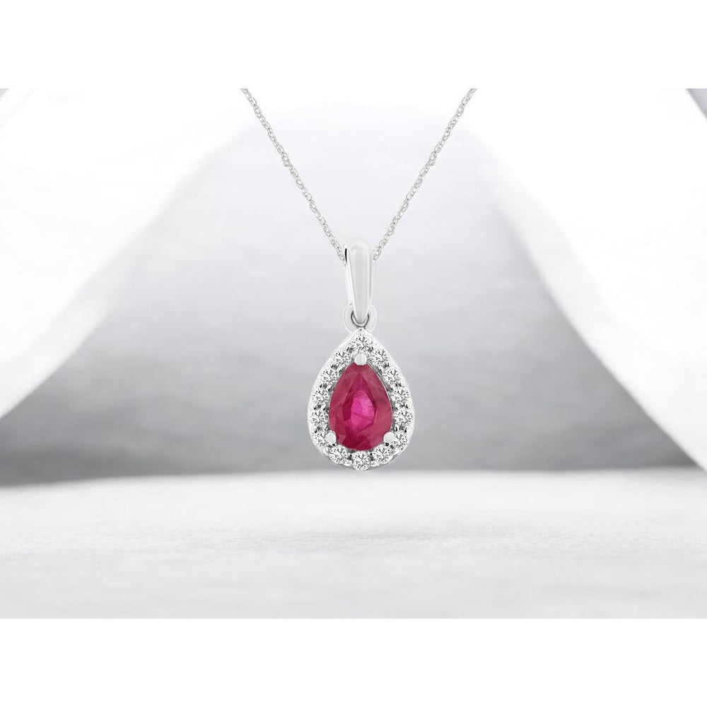 14K White Gold Pear-Shaped Ruby Pendant with Diamond Halo - 0.50 Carat Ruby and 0.12 Carat Total Diamond Weight - Royal Jewelry