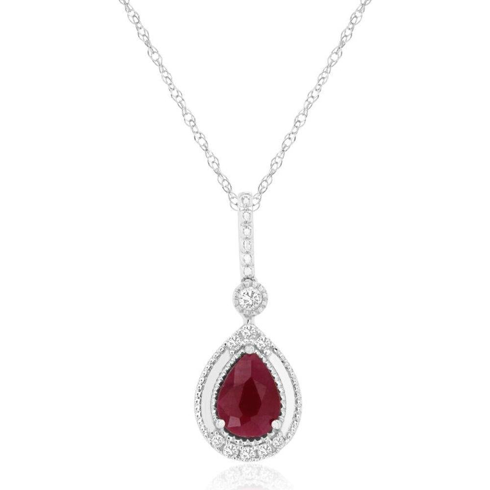14K White Gold Pear-Shaped Ruby Pendant with Diamond Halo and Bezel-Set Diamond Bail - 0.80 Carat Ruby & 0.10 Carat Diamond Total Weight - Royal Jewelry