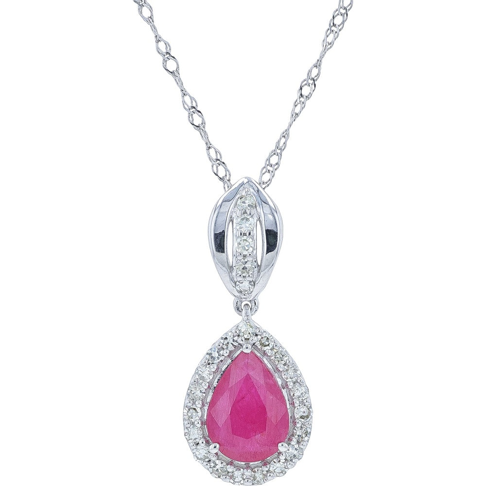 14K White Gold Pear-Shaped Ruby Pendant with Diamond Halo and Channel-Set Diamond Bail - 0.60-0.75 Carat Total Ruby Weight and 0.15 Carat Total Diamond Weight