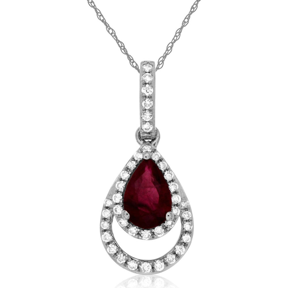14K White Gold Pear-Shaped Ruby Pendant with Double Halo Round Diamonds - 0.47 Carat Ruby and 0.11 Carat Total Diamond Weight - Royal Jewelry