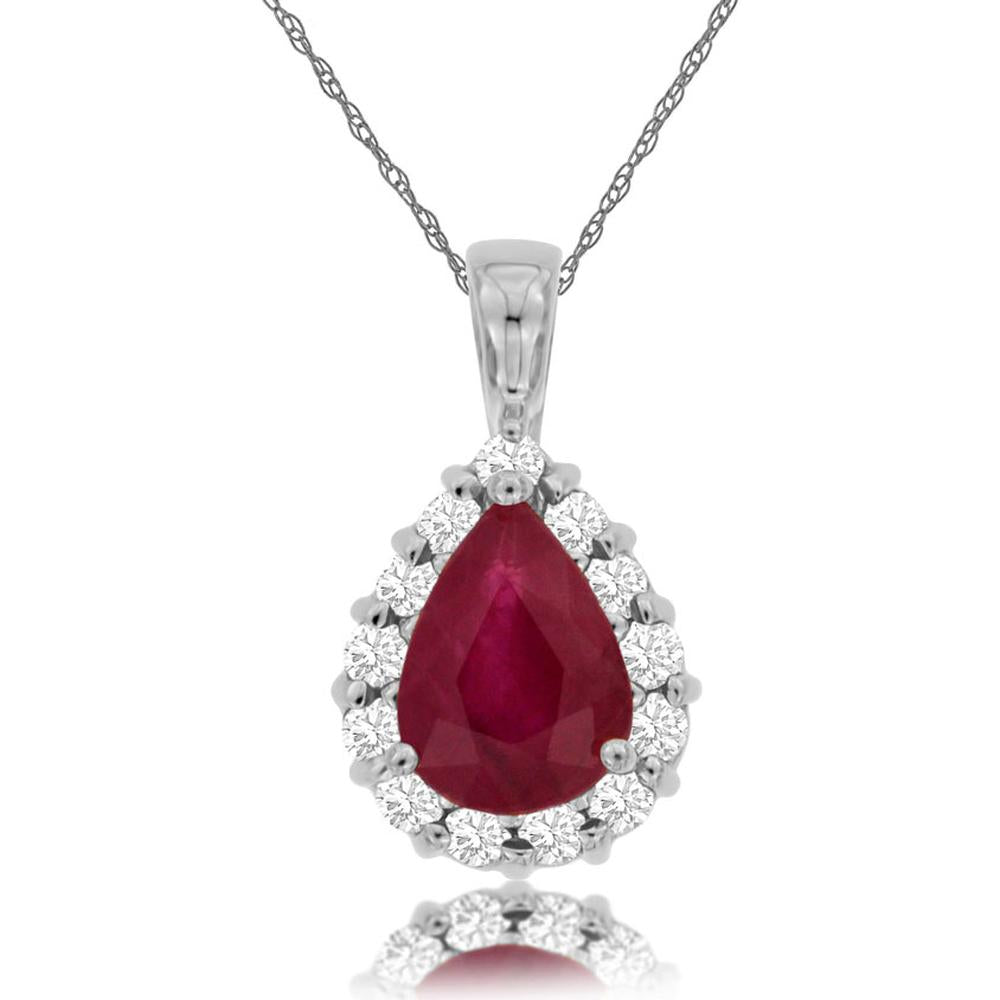 14K White Gold Pear-Shaped Ruby Pendant with Round Diamond Halo - 1.12 Carat Ruby & 0.30 Carat Diamond Total Weight - Royal Jewelry