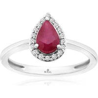 14K White Gold Pear-Shaped Ruby Ring with Diamond Halo and Milgrain Edge - 0.75 Carat Ruby and 0.10 Carat Total Diamond Weight - Royal Jewelry