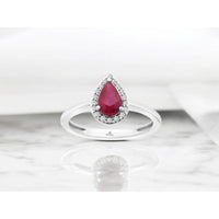 14K White Gold Pear-Shaped Ruby Ring with Diamond Halo and Milgrain Edge - 0.75 Carat Ruby and 0.10 Carat Total Diamond Weight - Royal Jewelry