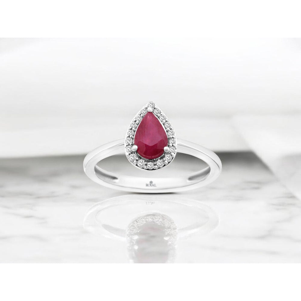 14K White Gold Pear-Shaped Ruby Ring with Diamond Halo and Milgrain Edge - 0.75 Carat Ruby and 0.10 Carat Total Diamond Weight - Royal Jewelry