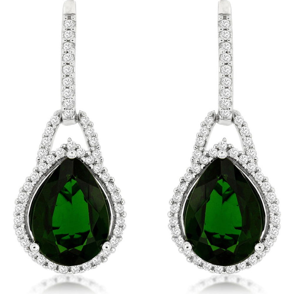 14K White Gold Pear-Shaped Russalite and Diamond Halo Drop Earrings with Secure Lever-Back Closures - 3.90 Carat Total Russalite Weight and 0.40 Carat Total Diamond Weight - Royal Jewelry