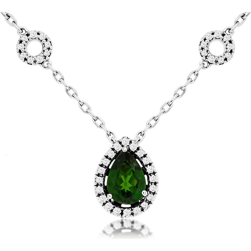 14K White Gold Pear-Shaped Russalite and Diamond Halo Station Necklace - 0.82 Carat Russalite, 0.25 Carat Total Diamond Weight - Royal Jewelry