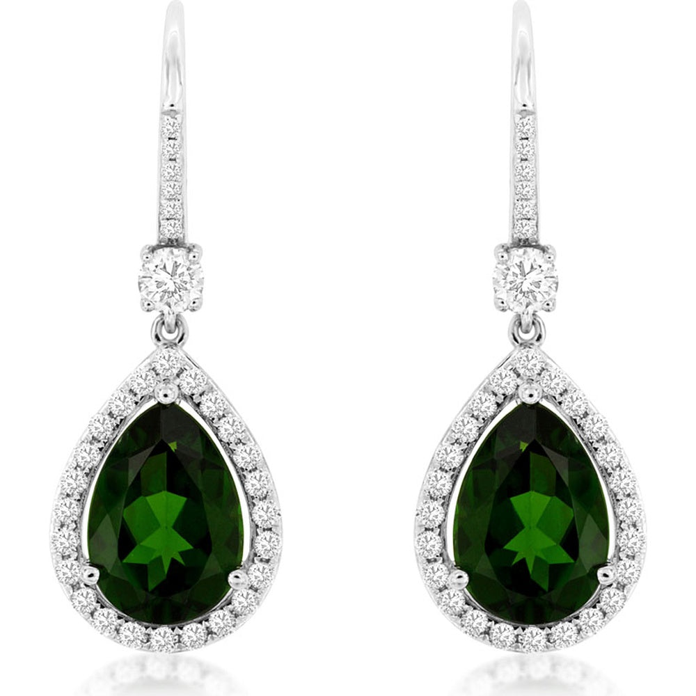 14K White Gold Pear-Shaped Russalite Drop Earrings with Diamond Halo - 3.90 Carat Total Russalite Weight and 0.66 Carat Total Diamond Weight - Royal Jewelry