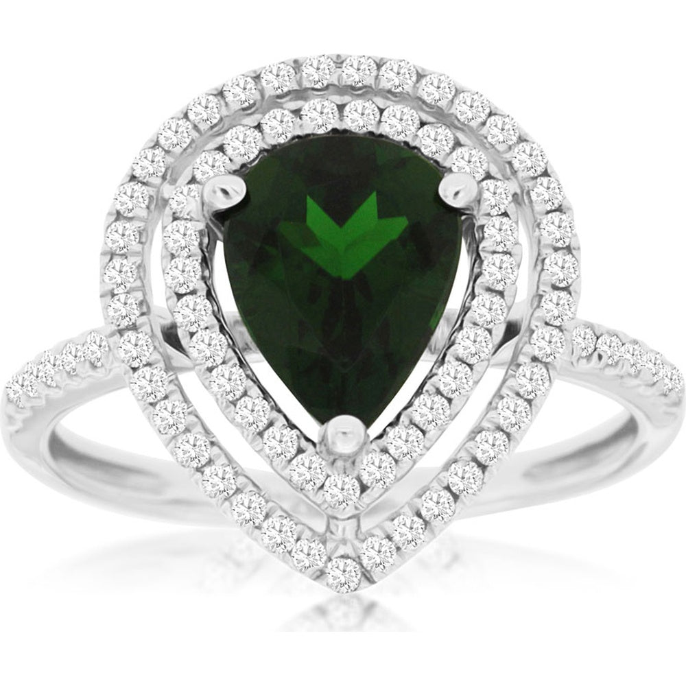 14K White Gold Pear-Shaped Russalite Ring with Double Diamond Halo - 1.85 Carat Russalite and 0.40 Carat Total Diamond Weight - Royal Jewelry