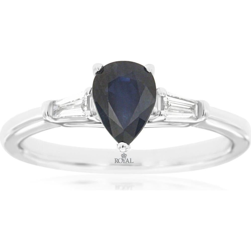 14K White Gold Pear-Shaped Sapphire and Baguette Diamond Three-Stone Ring - 0.88 Carat Sapphire, 0.11 Carat Total Diamond Weight - Royal Jewelry