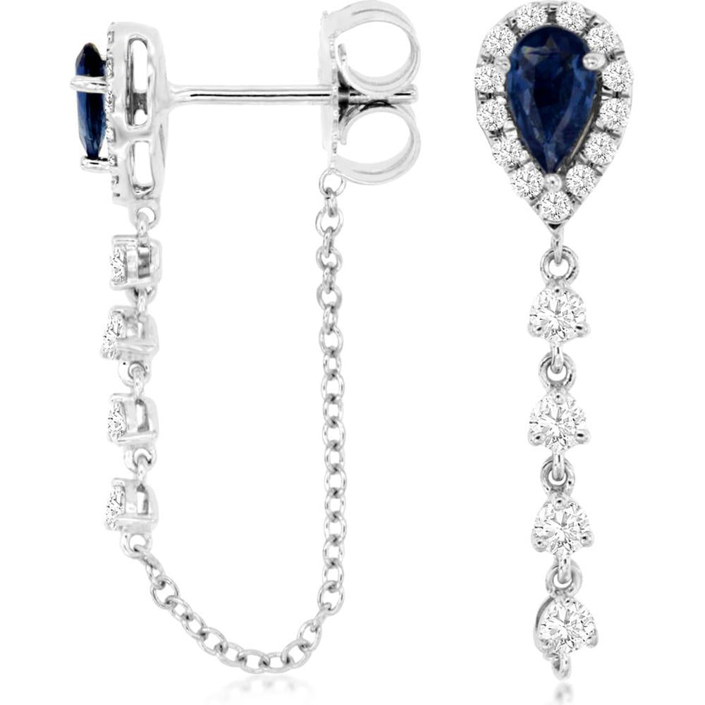 14K White Gold Pear-Shaped Sapphire and Diamond Drop Earrings with Chain and Station Dangles - 0.56 Carat Total Sapphire Weight, 0.35 Carat Total Diamond Weight - Royal Jewelry