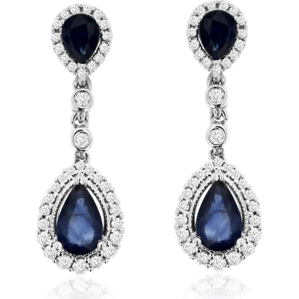 14K White Gold Pear-Shaped Sapphire and Diamond Halo Drop Earrings - 1.75 Carat Total Gem Weight - Royal Jewelry