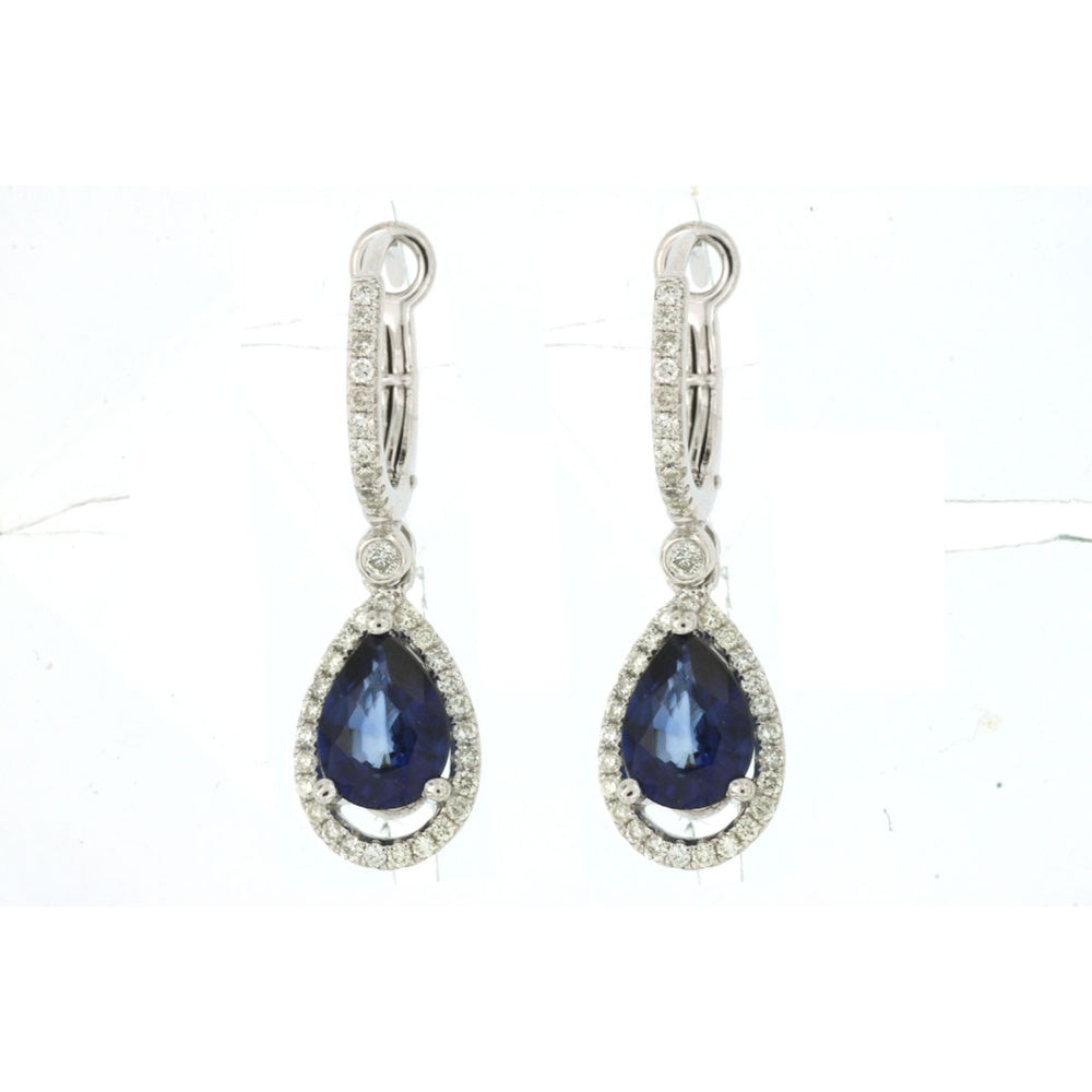 14K White Gold Pear-Shaped Sapphire and Diamond Halo Drop Earrings - 2.25 Carat Total Sapphire Weight and 0.42 Carat Total Diamond Weight - Royal Jewelry