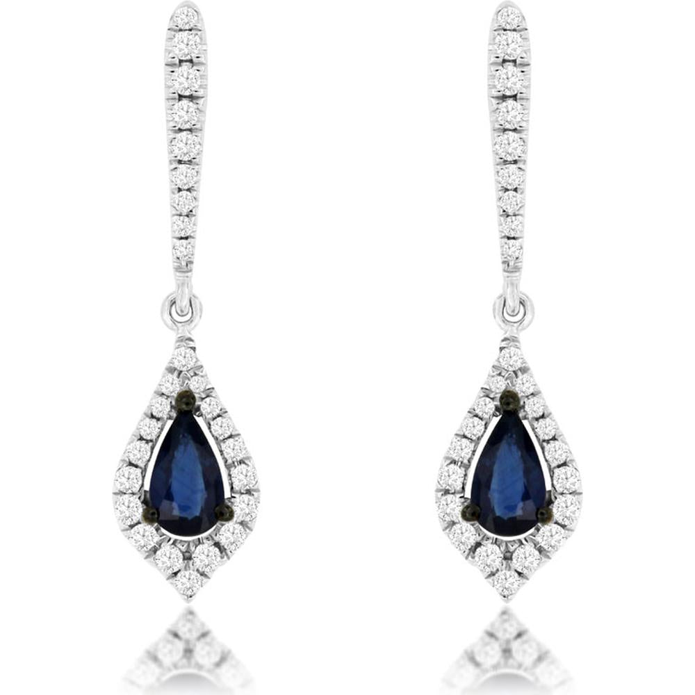 14K White Gold Pear Shaped Sapphire and Diamond Halo Drop Earrings with Lever Backs - 0.55 Carat Total Sapphire Weight, 0.22 Carat Total Diamond Weight - Royal Jewelry