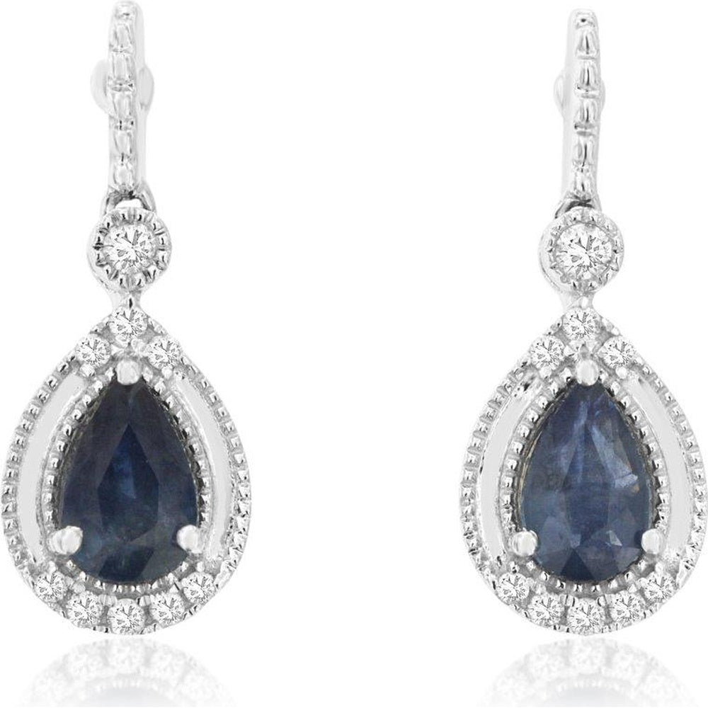 14K White Gold Pear-Shaped Sapphire and Diamond Halo Drop Earrings with Lever Backs - 0.90 Carat Total Sapphire Weight and 0.12 Carat Total Diamond Weight - Royal Jewelry