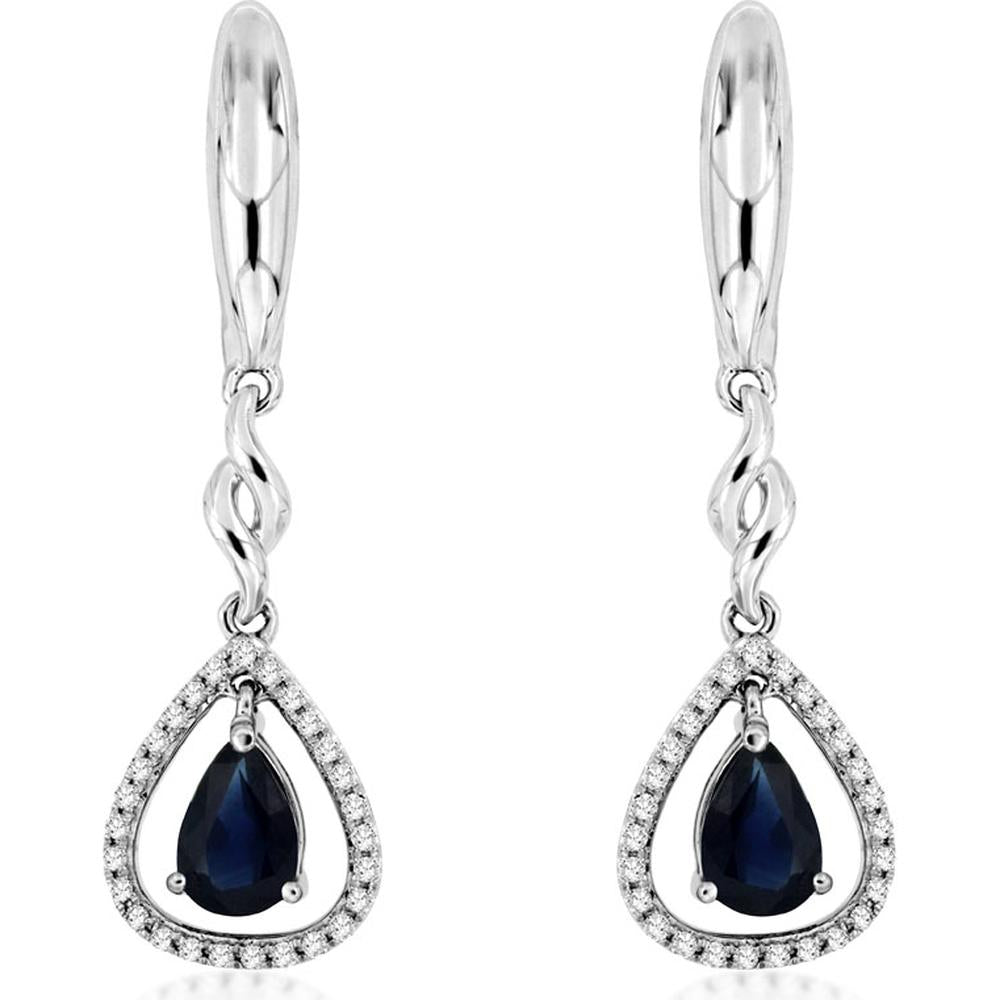 14K White Gold Pear-Shaped Sapphire and Diamond Halo Drop Earrings with Lever Backs - 1.05 Carat Total Sapphire Weight, 0.15 Carat Total Diamond Weight - Royal Jewelry