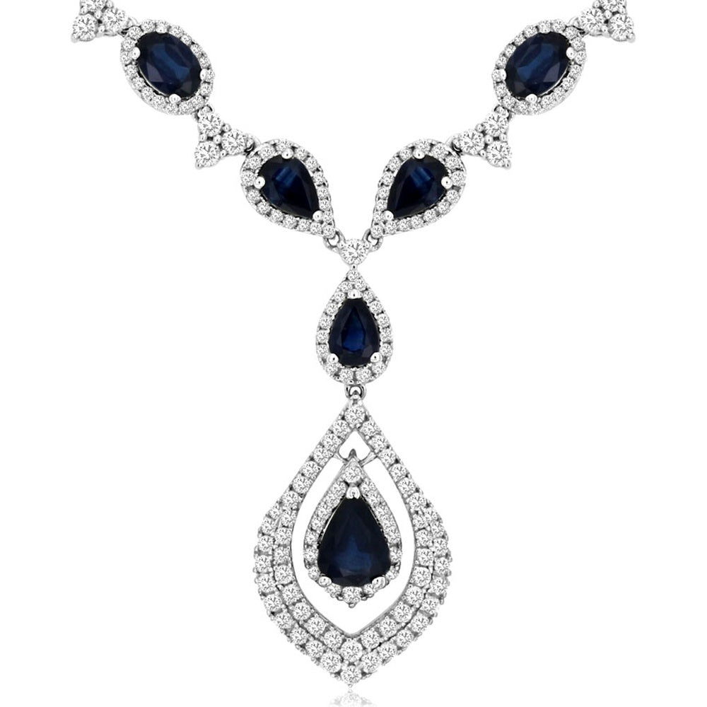 14K White Gold Pear-Shaped Sapphire and Diamond Halo Drop Necklace - 12.00 Carat Sapphire and 4.00 Carat Total Diamond Weight - Royal Jewelry