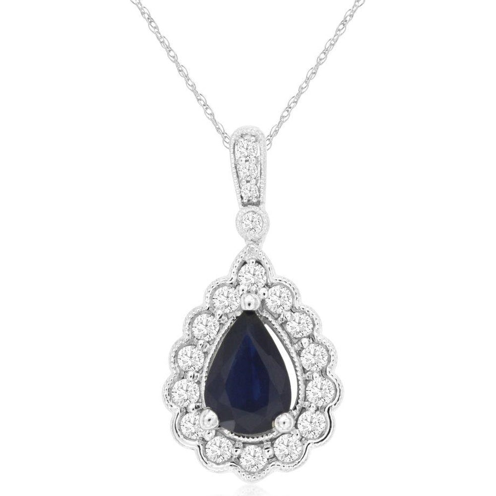 14K White Gold Pear-Shaped Sapphire and Diamond Halo Drop Pendant with Milgrain Detailing - 0.88 Carat Sapphire and 0.25 Carat Diamond Total Weight - Royal Jewelry