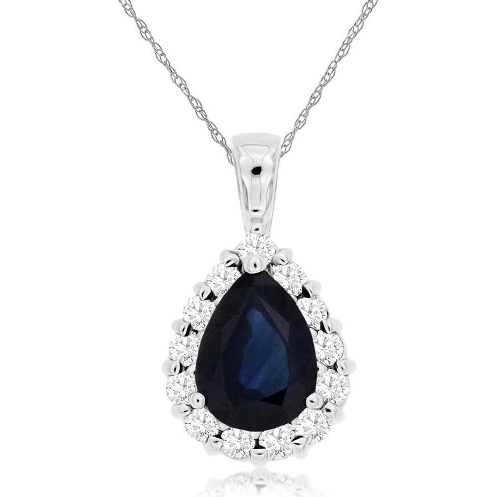 14K White Gold Pear-Shaped Sapphire and Diamond Halo Pendant Necklace - 1.45 Carat Center Sapphire and 0.30 Carat Total Diamond Weight - Royal Jewelry