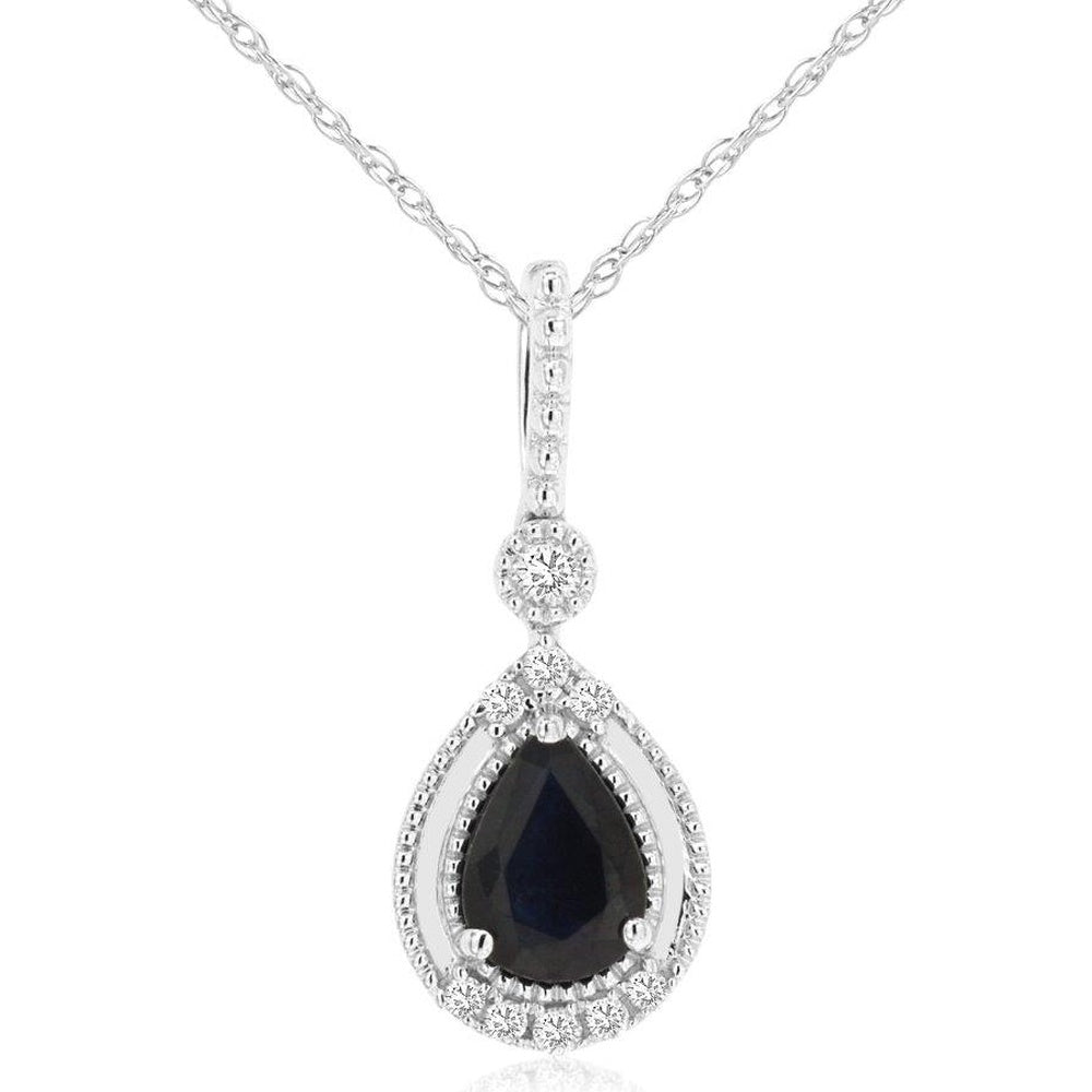 14K White Gold Pear-Shaped Sapphire and Diamond Halo Pendant Necklace with Milgrain Detailing - 0.80 Carat Sapphire and 0.10 Carat Total Diamond Weight - Royal Jewelry
