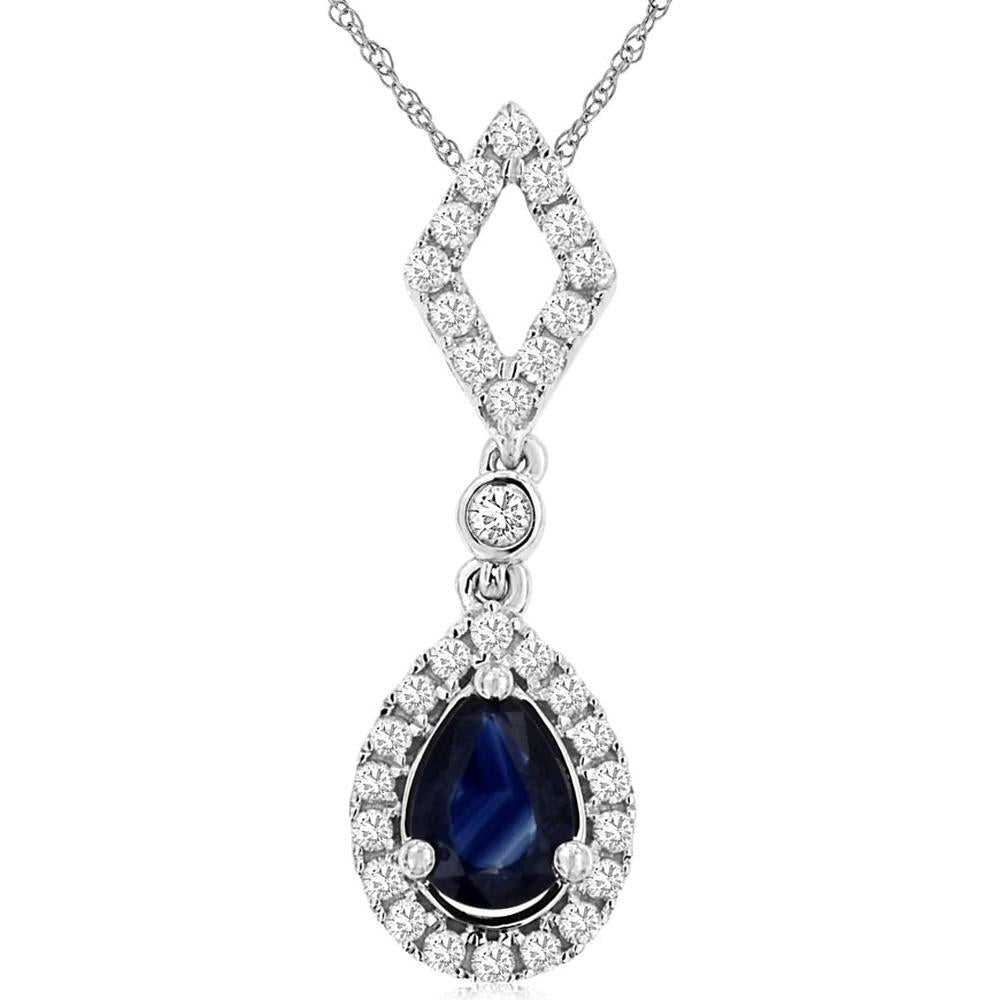 14K White Gold Pear-Shaped Sapphire and Diamond Halo Pendant with Geometric Diamond Station - 0.88 Carat Sapphire, 0.37 Carat Total Diamond Weight - Royal Jewelry
