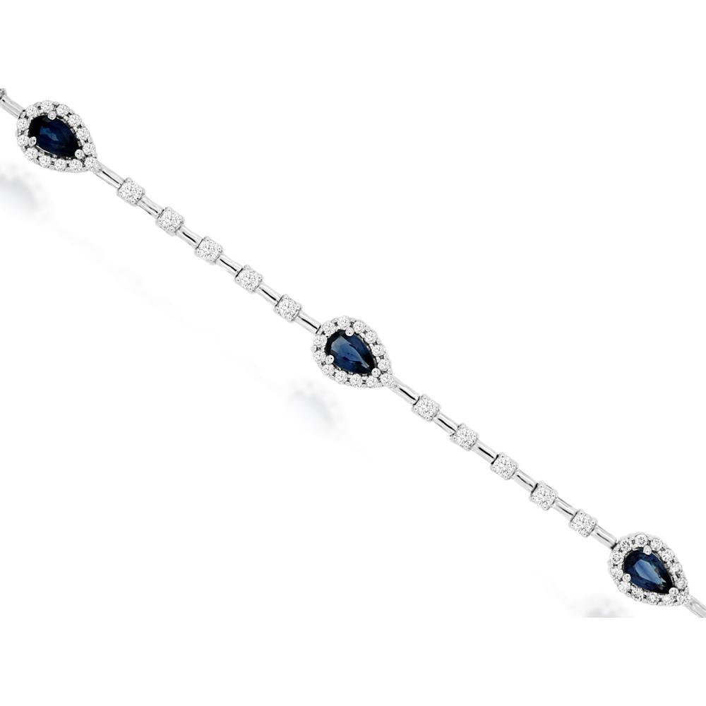 14K White Gold Pear-Shaped Sapphire and Diamond Halo Station Bracelet - 1.20 Carat Sapphire and 1.15 Carat Diamond Total Weight - Royal Jewelry