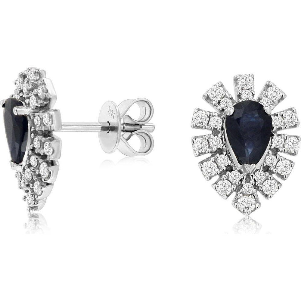 14K White Gold Pear-Shaped Sapphire and Diamond Halo Stud Earrings - 0.95 Carat Total Sapphire Weight and 0.45 Carat Total Diamond Weight - Royal Jewelry