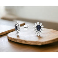 14K White Gold Pear-Shaped Sapphire and Diamond Halo Stud Earrings - 0.95 Carat Total Sapphire Weight and 0.45 Carat Total Diamond Weight - Royal Jewelry