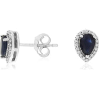 14K White Gold Pear-Shaped Sapphire and Diamond Halo Stud Earrings - 1.06 Carat Total Sapphire Weight and 0.11 Carat Total Diamond Weight - Royal Jewelry