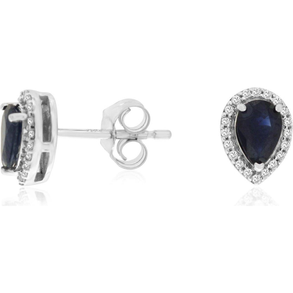 14K White Gold Pear-Shaped Sapphire and Diamond Halo Stud Earrings - 1.06 Carat Total Sapphire Weight and 0.11 Carat Total Diamond Weight - Royal Jewelry