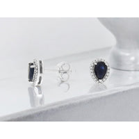 14K White Gold Pear-Shaped Sapphire and Diamond Halo Stud Earrings - 1.06 Carat Total Sapphire Weight and 0.11 Carat Total Diamond Weight - Royal Jewelry