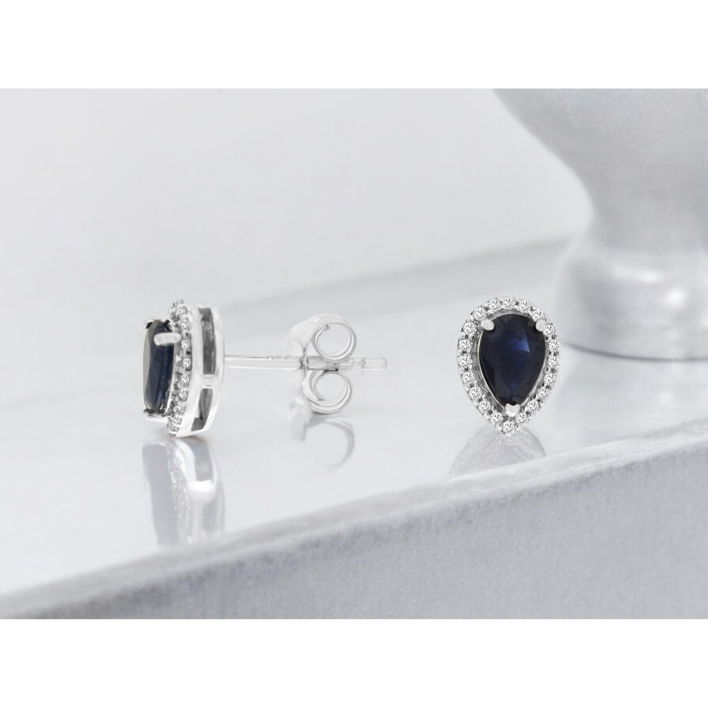 14K White Gold Pear-Shaped Sapphire and Diamond Halo Stud Earrings - 1.06 Carat Total Sapphire Weight and 0.11 Carat Total Diamond Weight - Royal Jewelry