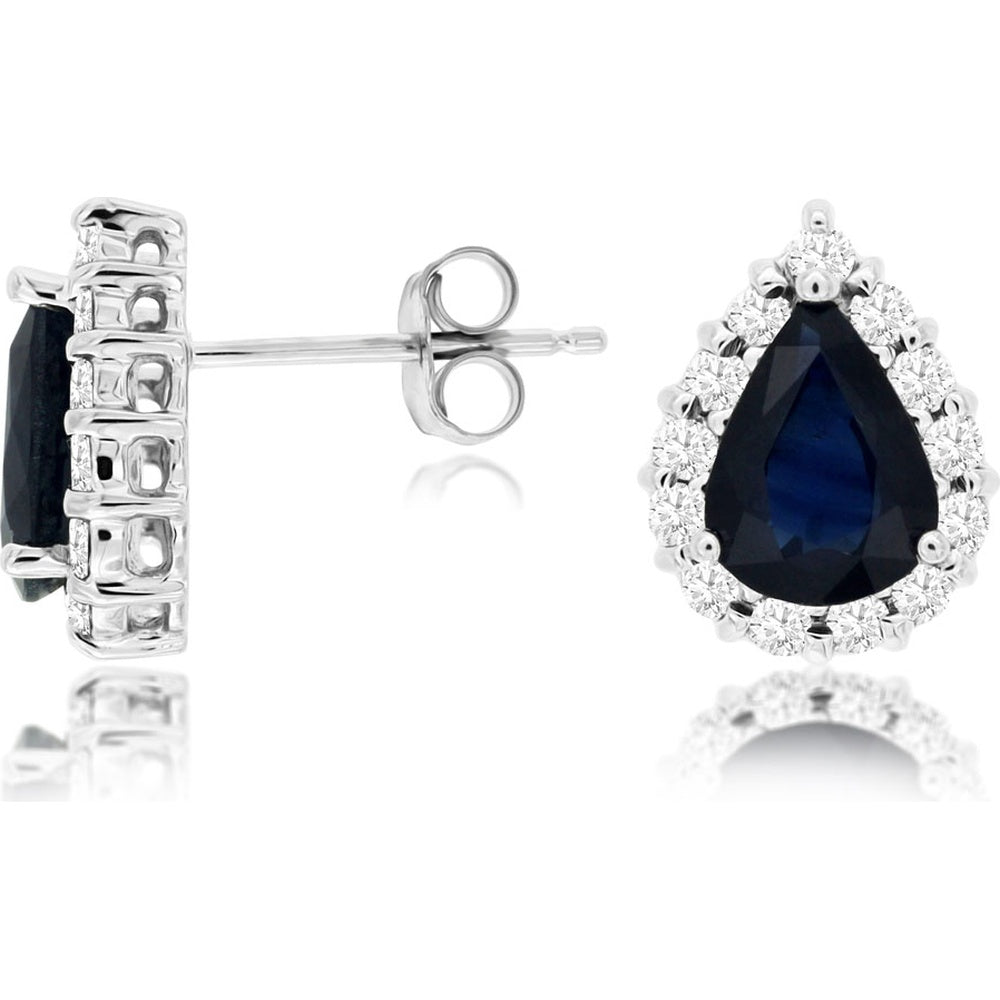 14K White Gold Pear-Shaped Sapphire and Diamond Halo Stud Earrings - 2.90 Carat Total Sapphire Weight and 0.60 Carat Total Diamond Weight - Royal Jewelry