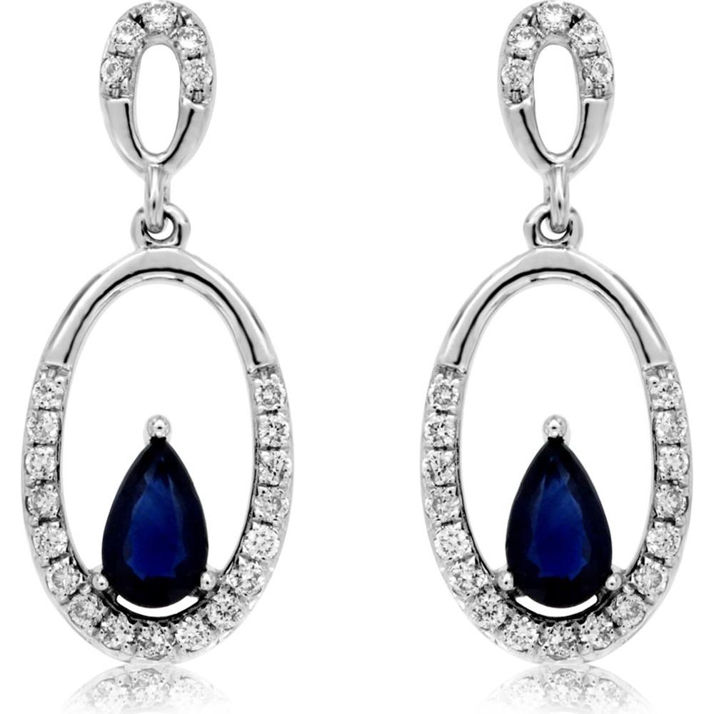 14K White Gold Pear-Shaped Sapphire and Diamond Open Halo Drop Earrings - 0.55 Carat Total Sapphire Weight and 0.20 Carat Total Diamond Weight - Royal Jewelry