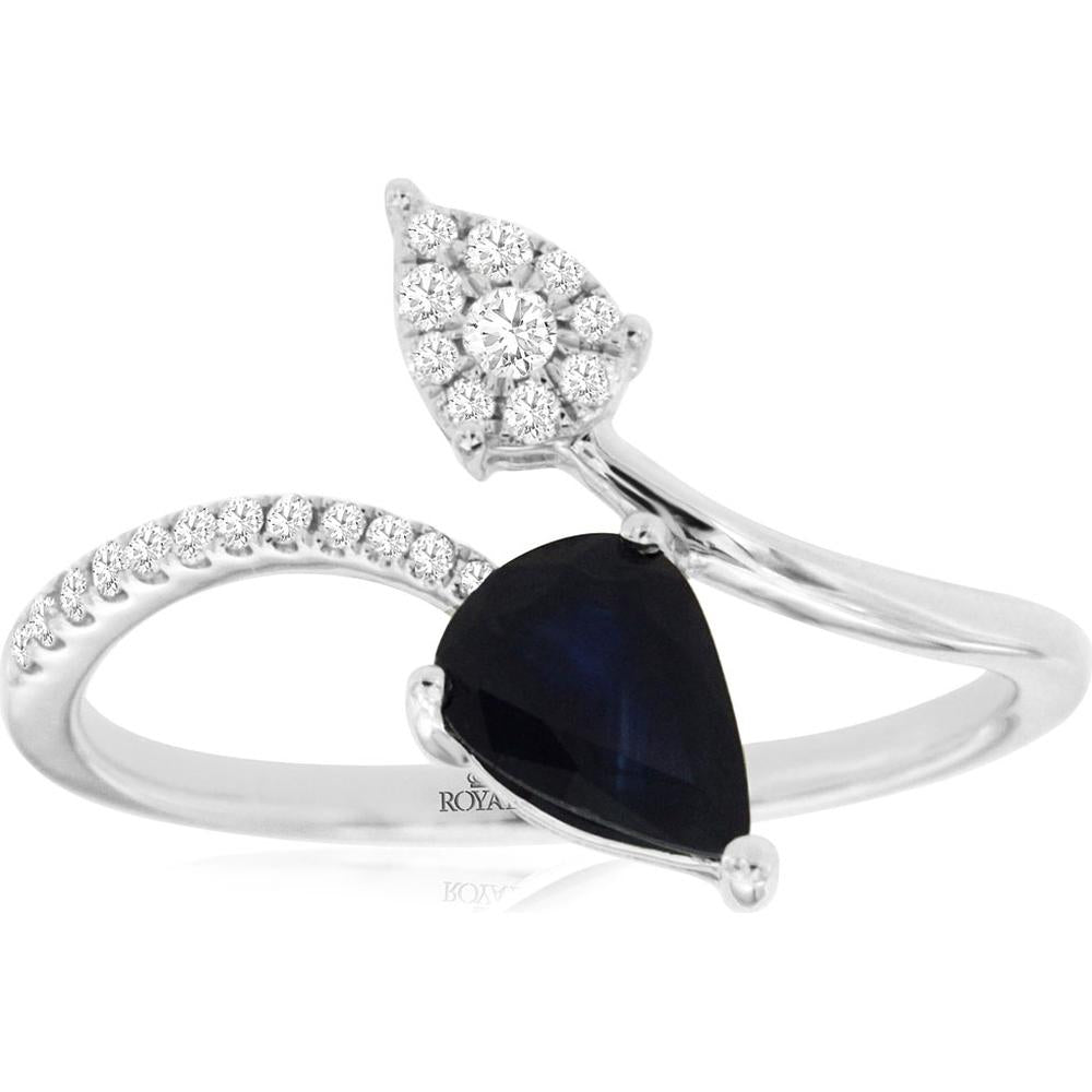 14K White Gold Pear-Shaped Sapphire and Diamond Open Wrap Ring - 0.88 Carat Sapphire, 0.12 Carat Diamond Total - Royal Jewelry