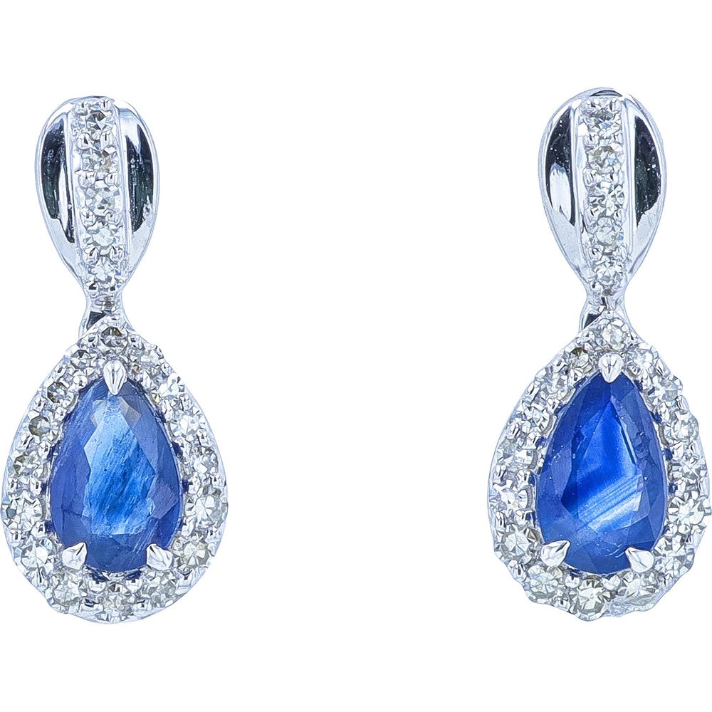 14K White Gold Pear-Shaped Sapphire Drop Earrings with Diamond Halo and Accented Post - 0.50 Carat Total Sapphire Weight and 0.15 Carat Total Diamond Weight