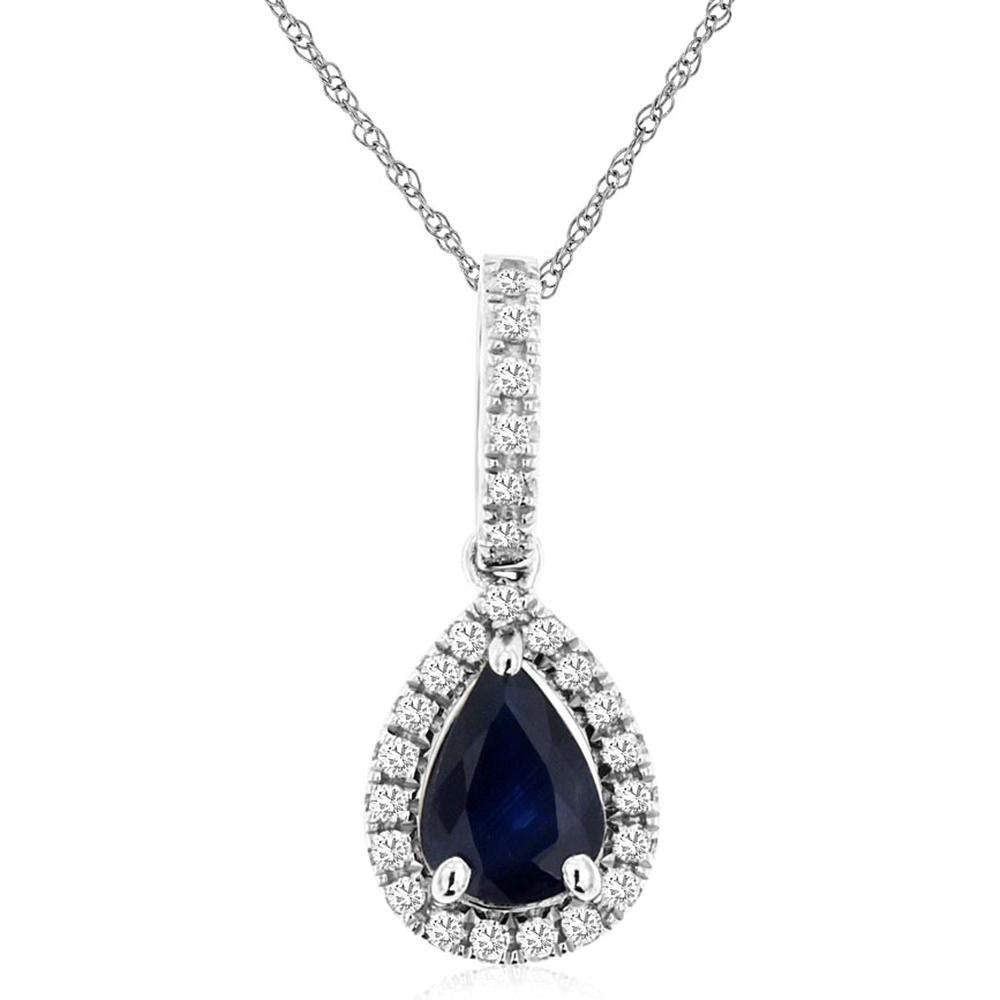 14K White Gold Pear-Shaped Sapphire Halo Pendant with Round Diamonds - 0.88 Carat Sapphire and 0.13 Carat Total Diamond Weight - Royal Jewelry