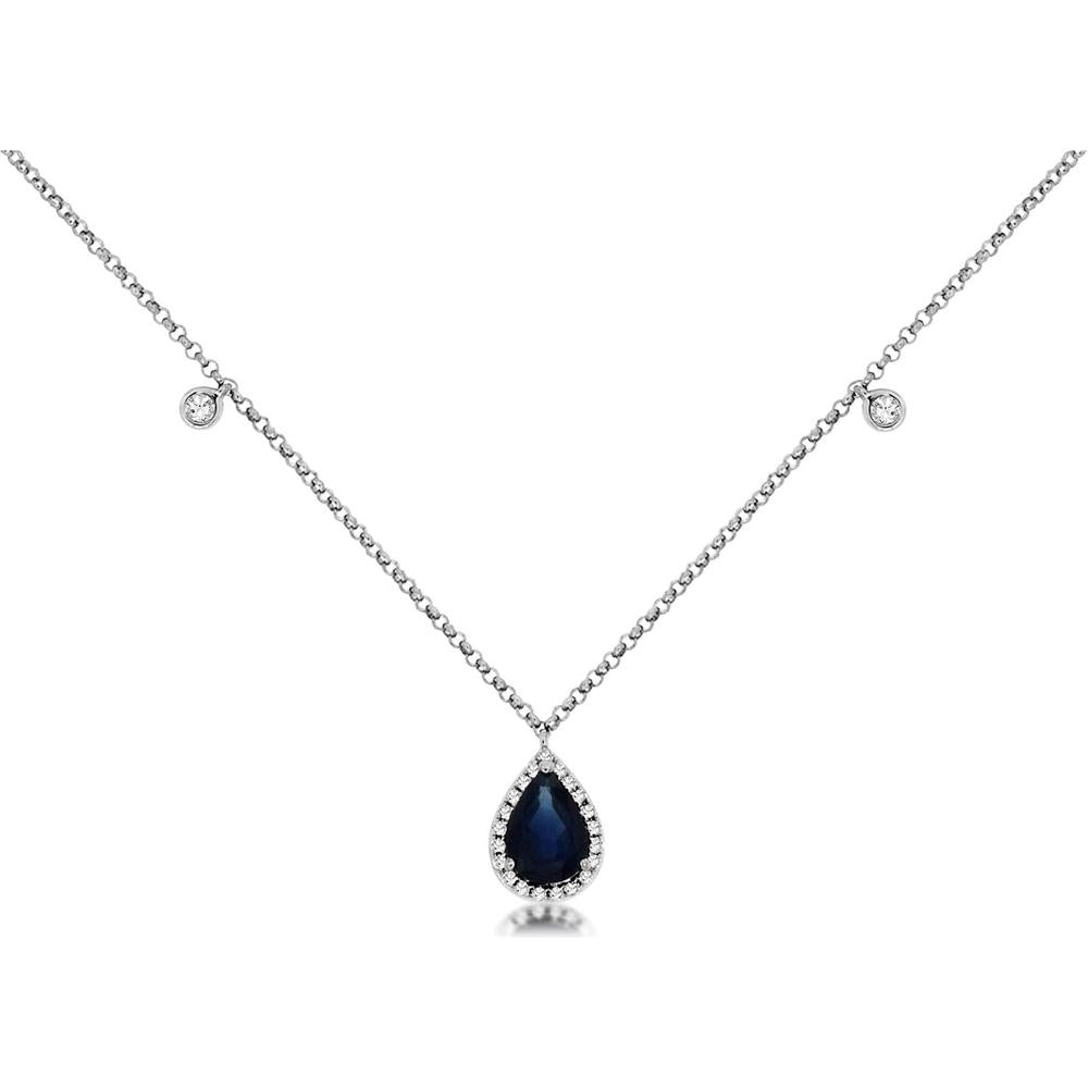 14K White Gold Pear Shaped Sapphire Pendant Necklace with Diamond Halo and Diamond Accent Stations - 0.88 Carat Sapphire and 0.12 Carat Total Diamond Weight - Royal Jewelry